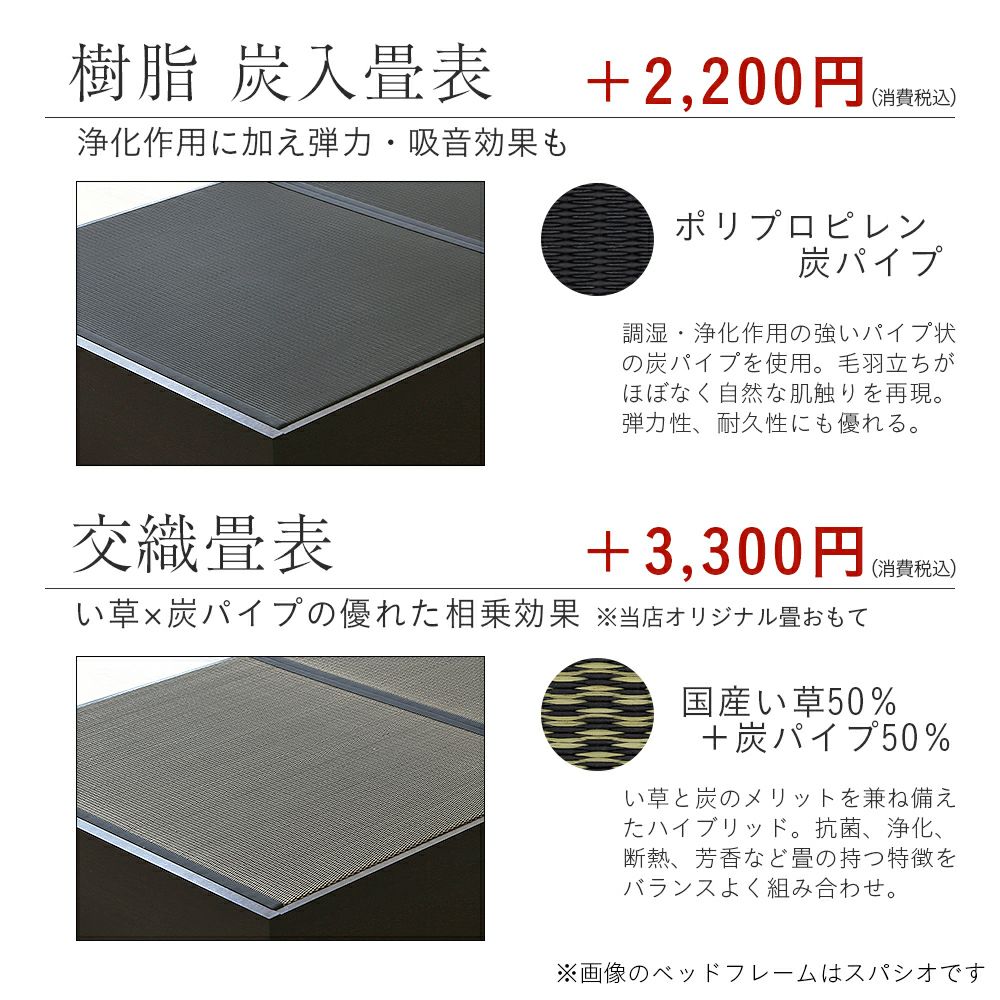 炭入りの樹脂製の畳と炭入り樹脂と国産い草を交ぜて織った当店オリジナルの交織畳の画像と価格