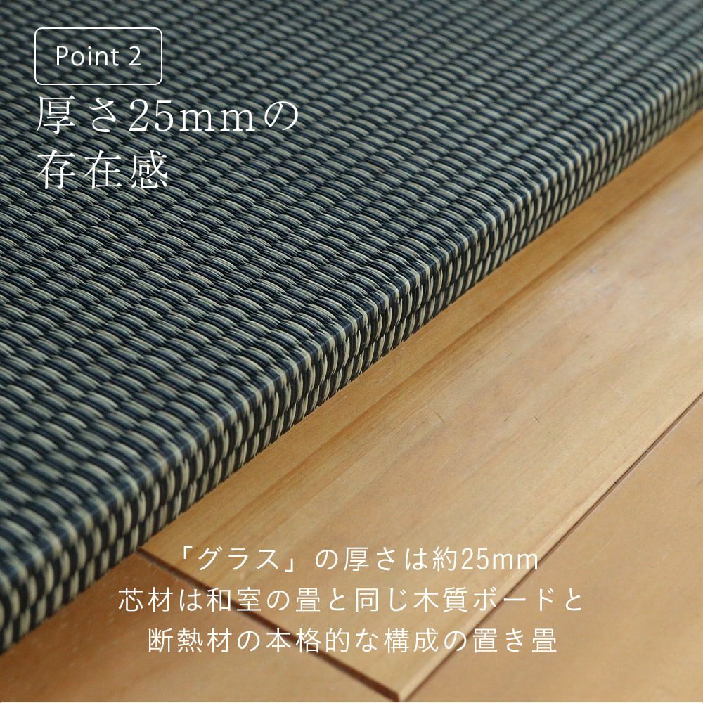 国産い草と炭入り樹脂を交織織りにした当社オリジナルの置き畳「パラレル グラス 70」の市松敷きイメージ画像